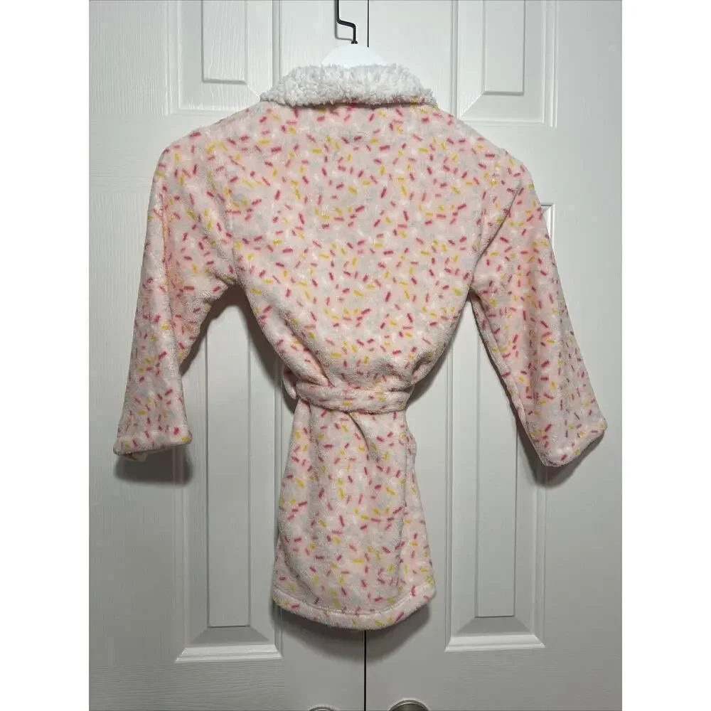 Rae Dunn Kids Girls Sprinkle Print Plush‎ Robe Size S 5/6 Pink White Sweet